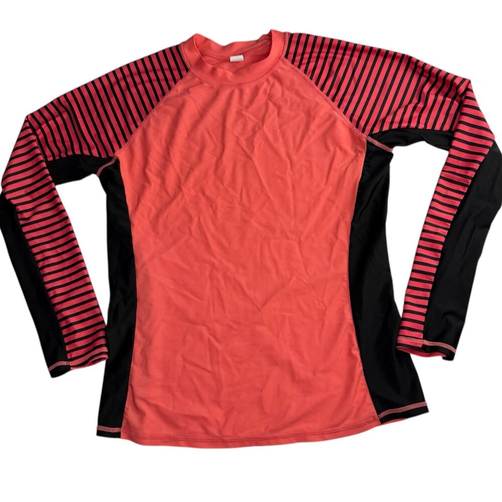 Rash Guard Swim Shirt Long Sleeve Coral Pink with Dark Blue Stripes Sz Women's L